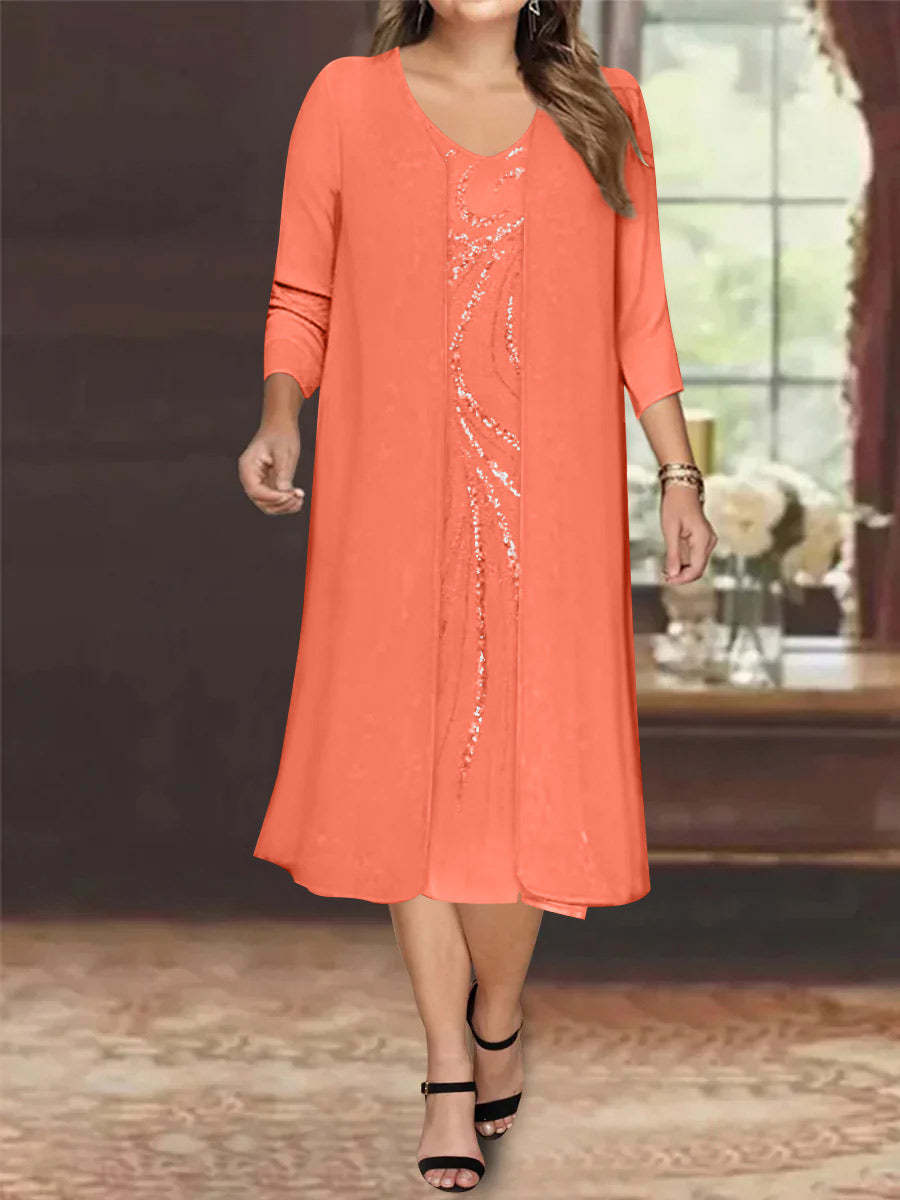 V-Neck Long-Sleeve Tea-Length Plus Size Mother of the Bride Dress with Jacket and Sequins