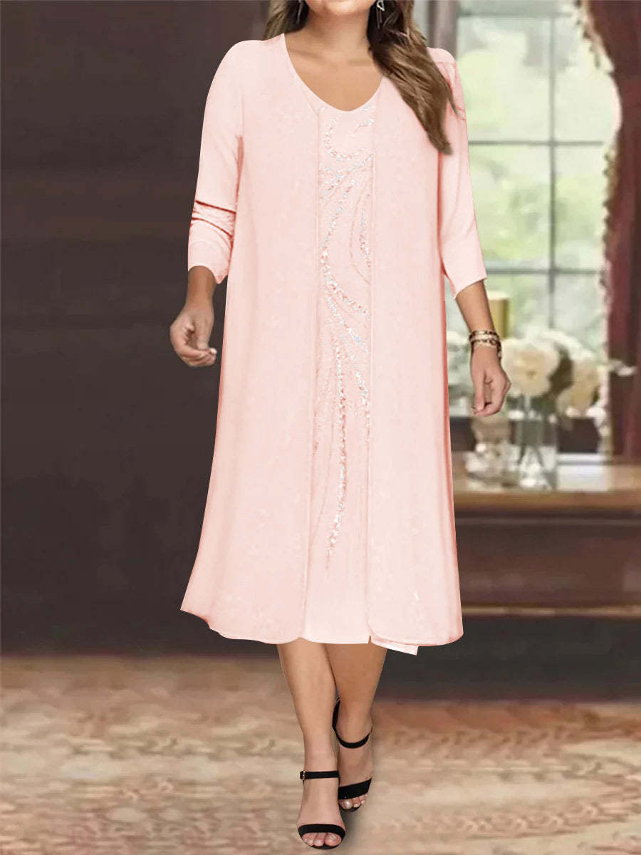 V-Neck Long-Sleeve Tea-Length Plus Size Mother of the Bride Dress with Jacket and Sequins