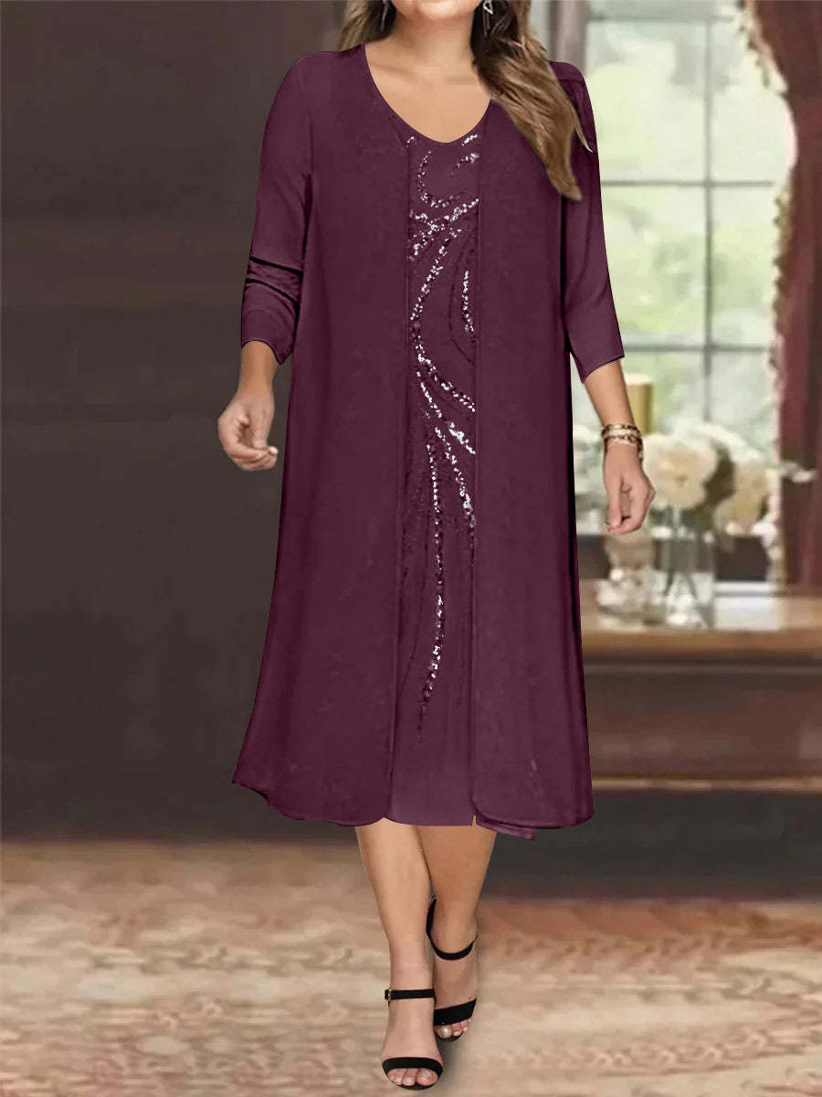 V-Neck Long-Sleeve Tea-Length Plus Size Mother of the Bride Dress with Jacket and Sequins