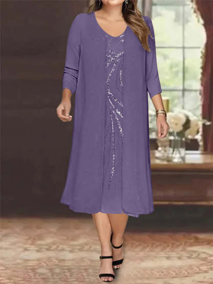 V-Neck Long-Sleeve Tea-Length Plus Size Mother of the Bride Dress with Jacket and Sequins