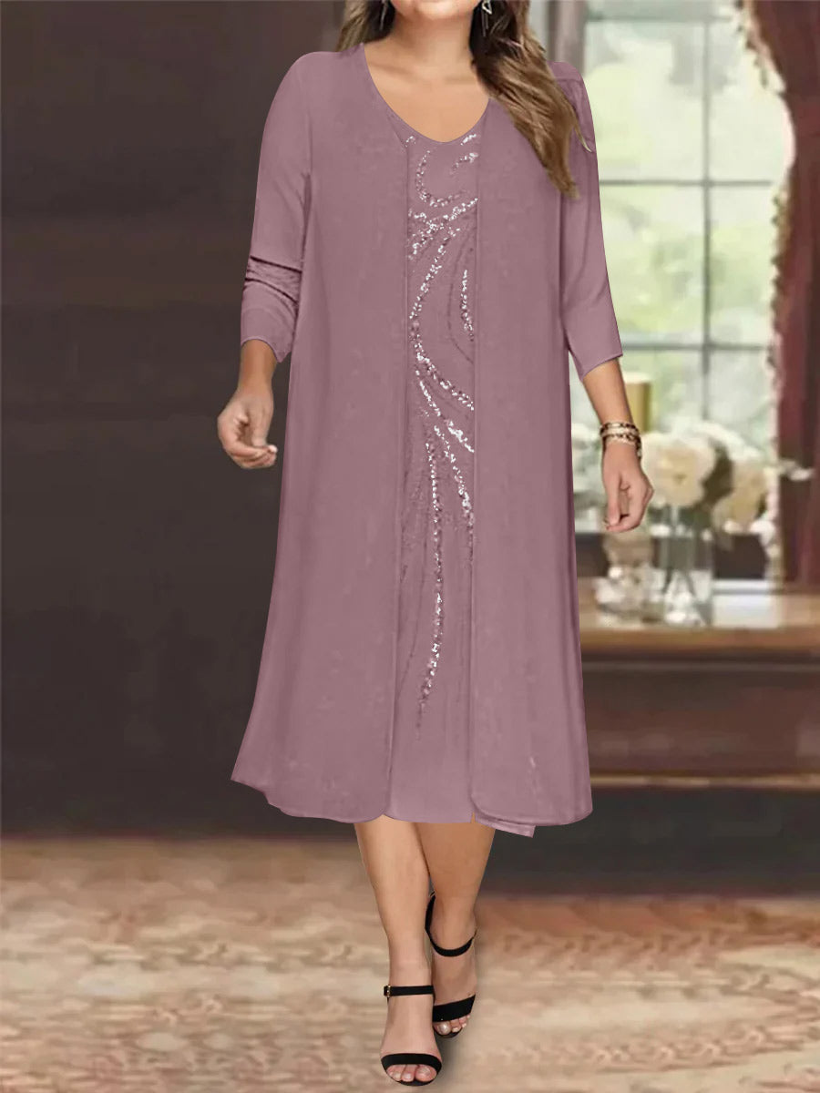 V-Neck Long-Sleeve Tea-Length Plus Size Mother of the Bride Dress with Jacket and Sequins