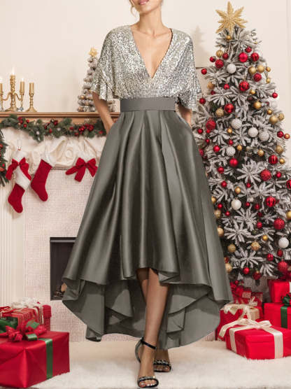V-Neck A-Line Princess Asymmetrical Half-Sleeve Mother of the Bride Dress