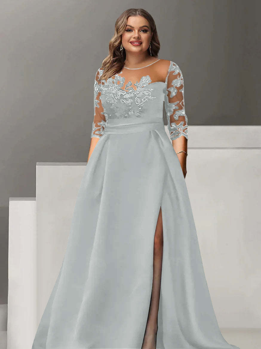 Sweetheart A-Line Princess Floor-Length Plus Size Mother of the Bride Dress with 3/4 Sleeves Lace & Side Split