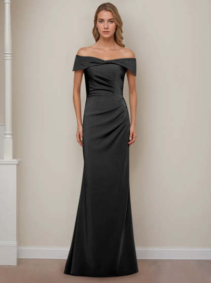 Off-the-Shoulder Short Sleeve Floor-Length Mother of the Bride Dress with Ruffles in Sheath/Column Style