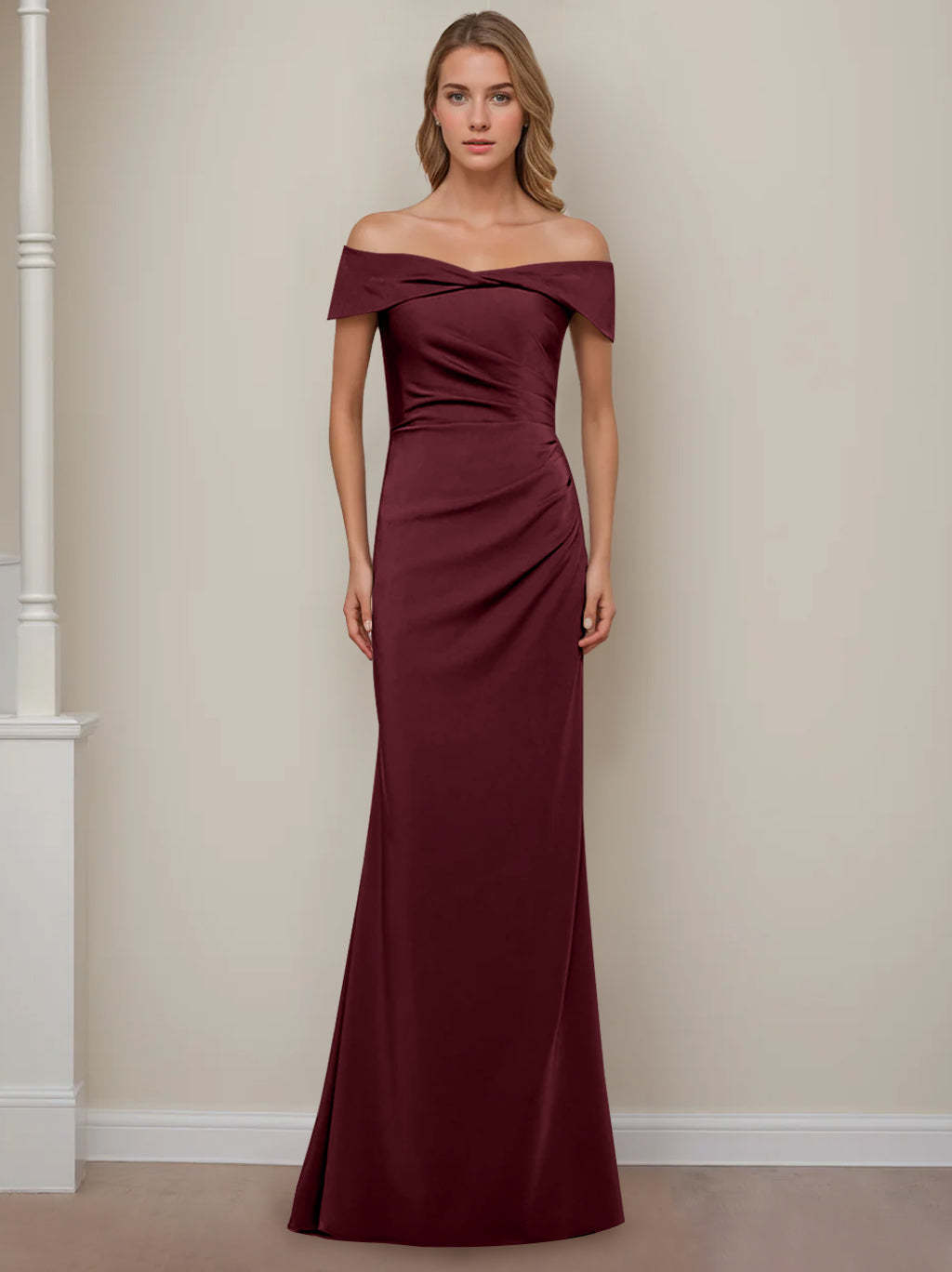 Off-the-Shoulder Short Sleeve Floor-Length Mother of the Bride Dress with Ruffles in Sheath/Column Style