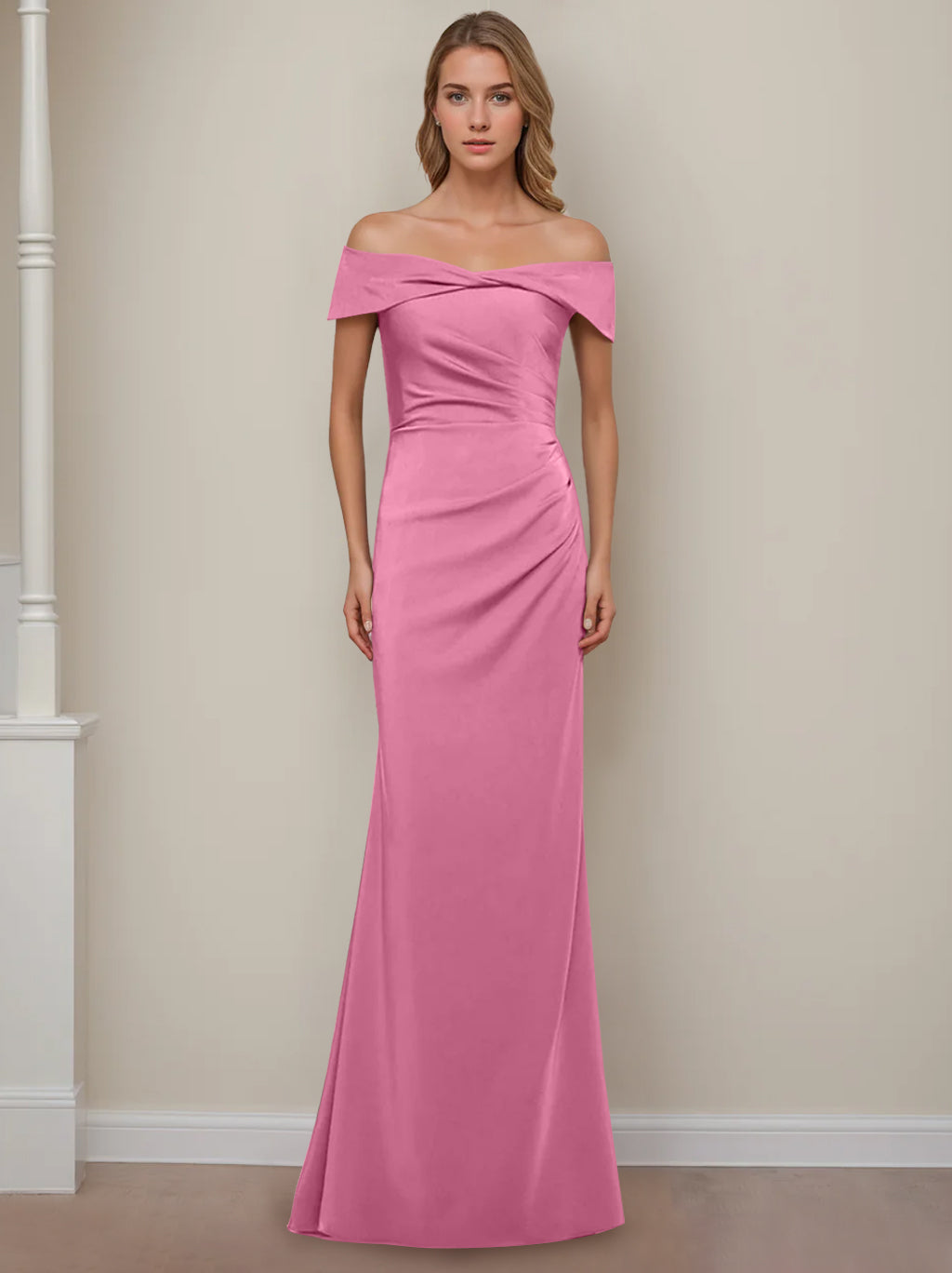 Off-the-Shoulder Short Sleeve Floor-Length Mother of the Bride Dress with Ruffles in Sheath/Column Style