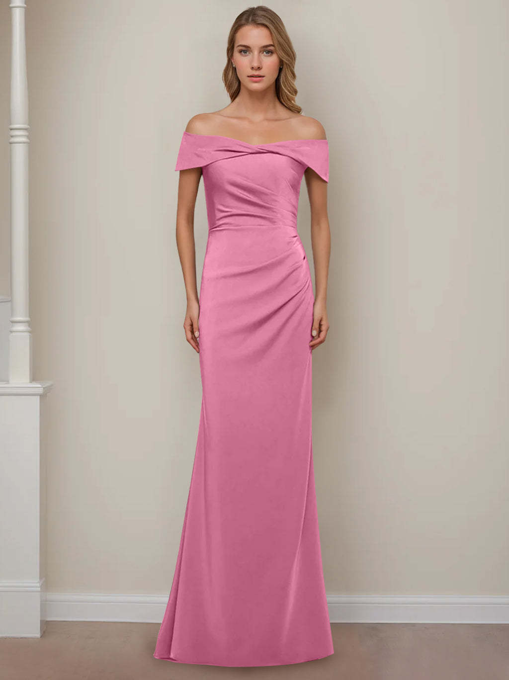 Off-the-Shoulder Short Sleeve Floor-Length Mother of the Bride Dress with Ruffles in Sheath/Column Style