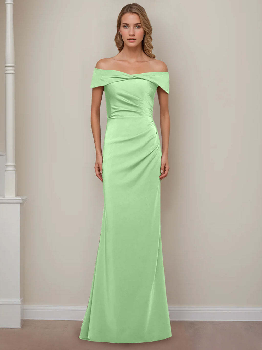 Off-the-Shoulder Short Sleeve Floor-Length Mother of the Bride Dress with Ruffles in Sheath/Column Style