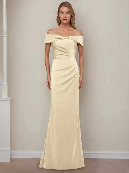 Off-the-Shoulder Short Sleeve Floor-Length Mother of the Bride Dress with Ruffles in Sheath/Column Style