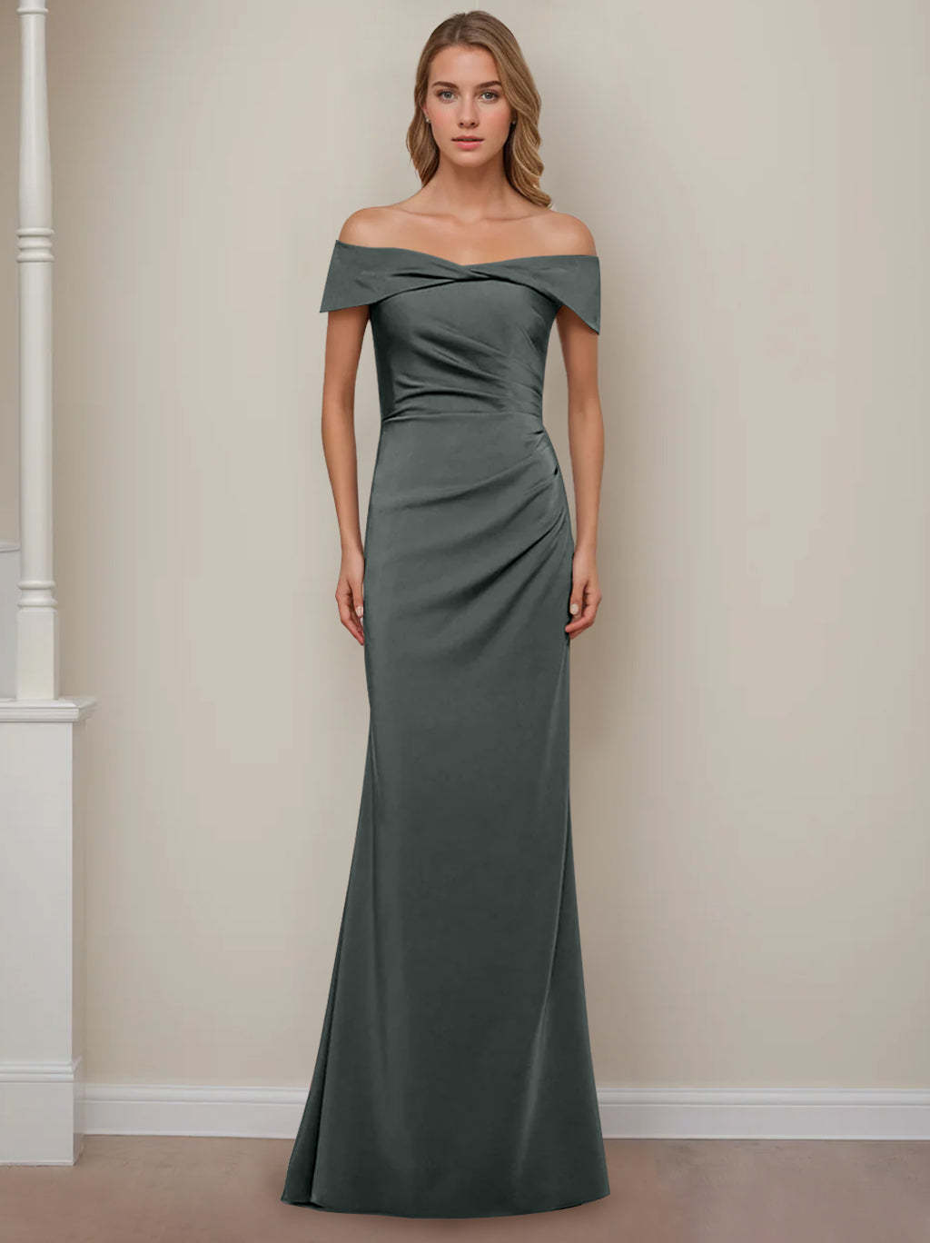 Off-the-Shoulder Short Sleeve Floor-Length Mother of the Bride Dress with Ruffles in Sheath/Column Style