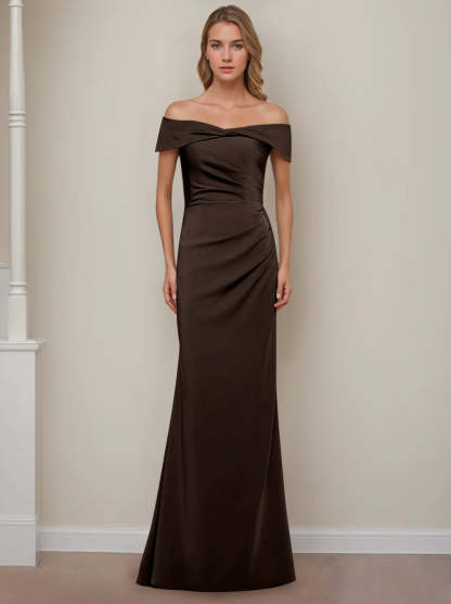 Off-the-Shoulder Short Sleeve Floor-Length Mother of the Bride Dress with Ruffles in Sheath/Column Style
