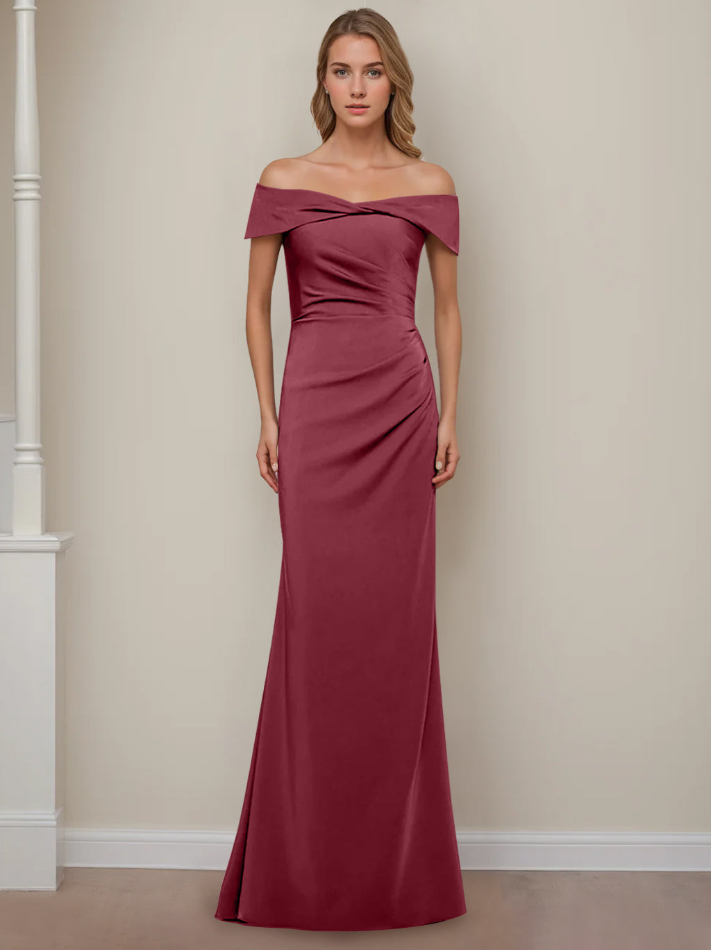 Off-the-Shoulder Short Sleeve Floor-Length Mother of the Bride Dress with Ruffles in Sheath/Column Style