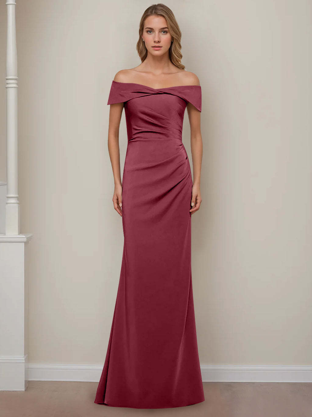 Off-the-Shoulder Short Sleeve Floor-Length Mother of the Bride Dress with Ruffles in Sheath/Column Style