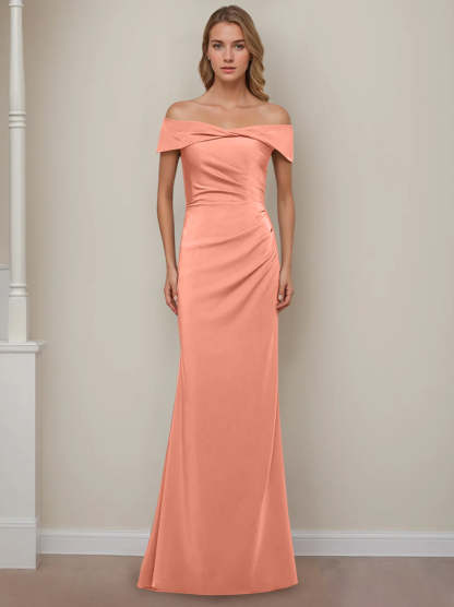 Off-the-Shoulder Short Sleeve Floor-Length Mother of the Bride Dress with Ruffles in Sheath/Column Style