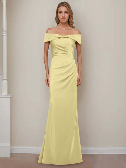 Off-the-Shoulder Short Sleeve Floor-Length Mother of the Bride Dress with Ruffles in Sheath/Column Style