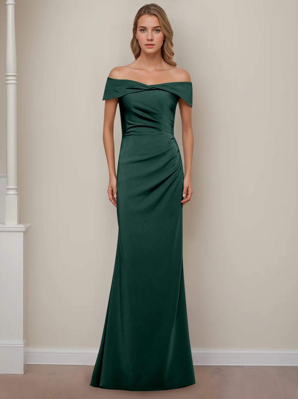 Off-the-Shoulder Short Sleeve Floor-Length Mother of the Bride Dress with Ruffles in Sheath/Column Style