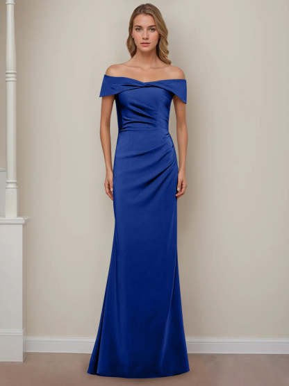 Off-the-Shoulder Short Sleeve Floor-Length Mother of the Bride Dress with Ruffles in Sheath/Column Style