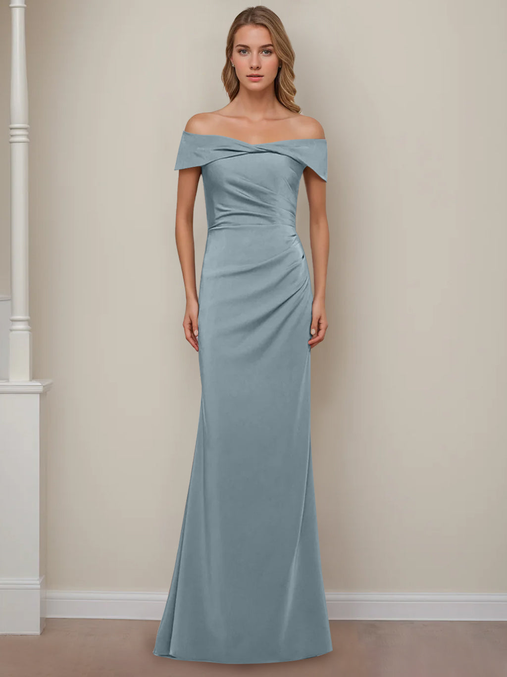 Off-the-Shoulder Short Sleeve Floor-Length Mother of the Bride Dress with Ruffles in Sheath/Column Style