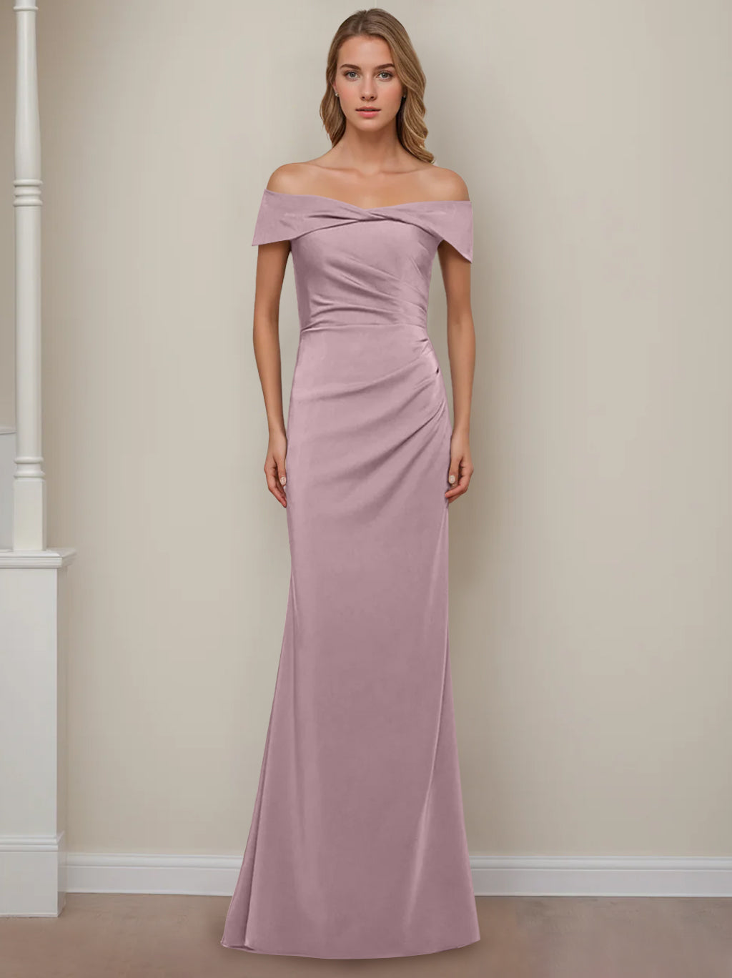Off-the-Shoulder Short Sleeve Floor-Length Mother of the Bride Dress with Ruffles in Sheath/Column Style