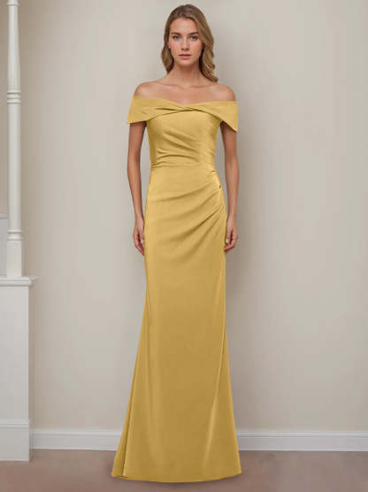 Off-the-Shoulder Short Sleeve Floor-Length Mother of the Bride Dress with Ruffles in Sheath/Column Style