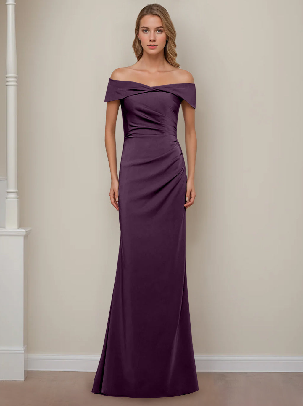 Off-the-Shoulder Short Sleeve Floor-Length Mother of the Bride Dress with Ruffles in Sheath/Column Style