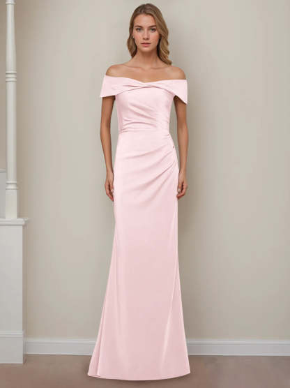 Off-the-Shoulder Short Sleeve Floor-Length Mother of the Bride Dress with Ruffles in Sheath/Column Style