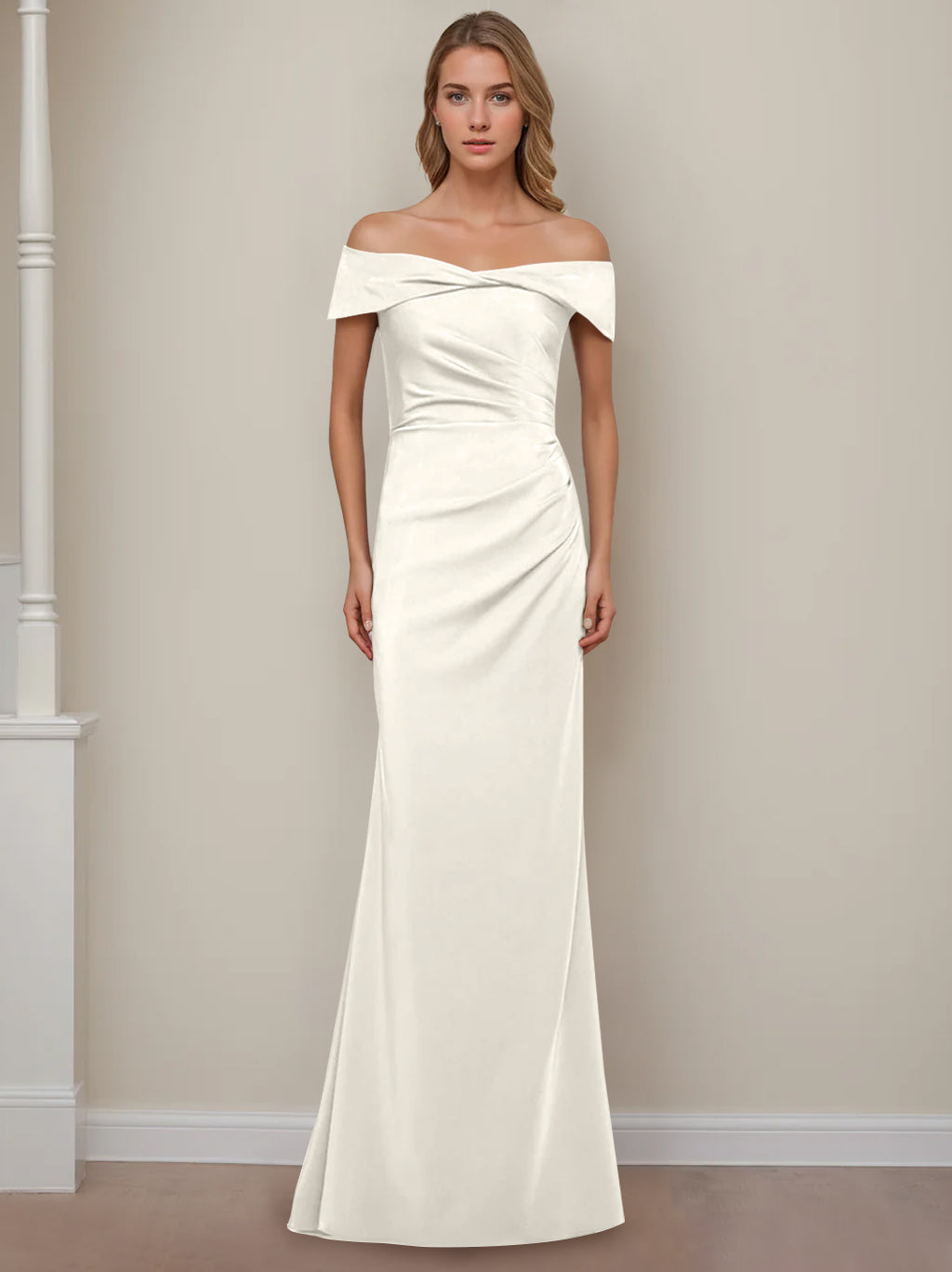 Off-the-Shoulder Short Sleeve Floor-Length Mother of the Bride Dress with Ruffles in Sheath/Column Style