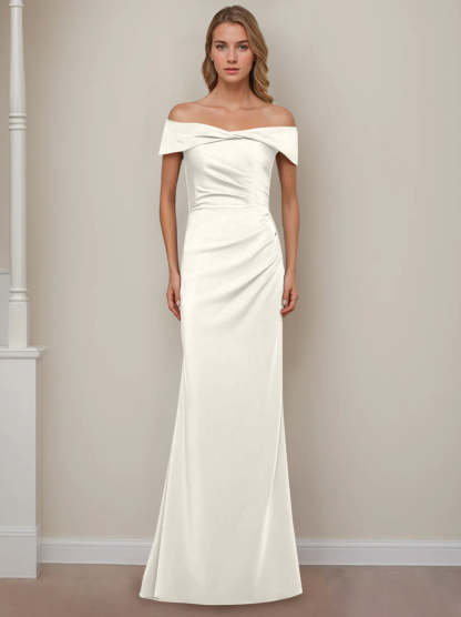 Off-the-Shoulder Short Sleeve Floor-Length Mother of the Bride Dress with Ruffles in Sheath/Column Style
