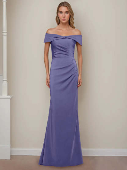 Off-the-Shoulder Short Sleeve Floor-Length Mother of the Bride Dress with Ruffles in Sheath/Column Style