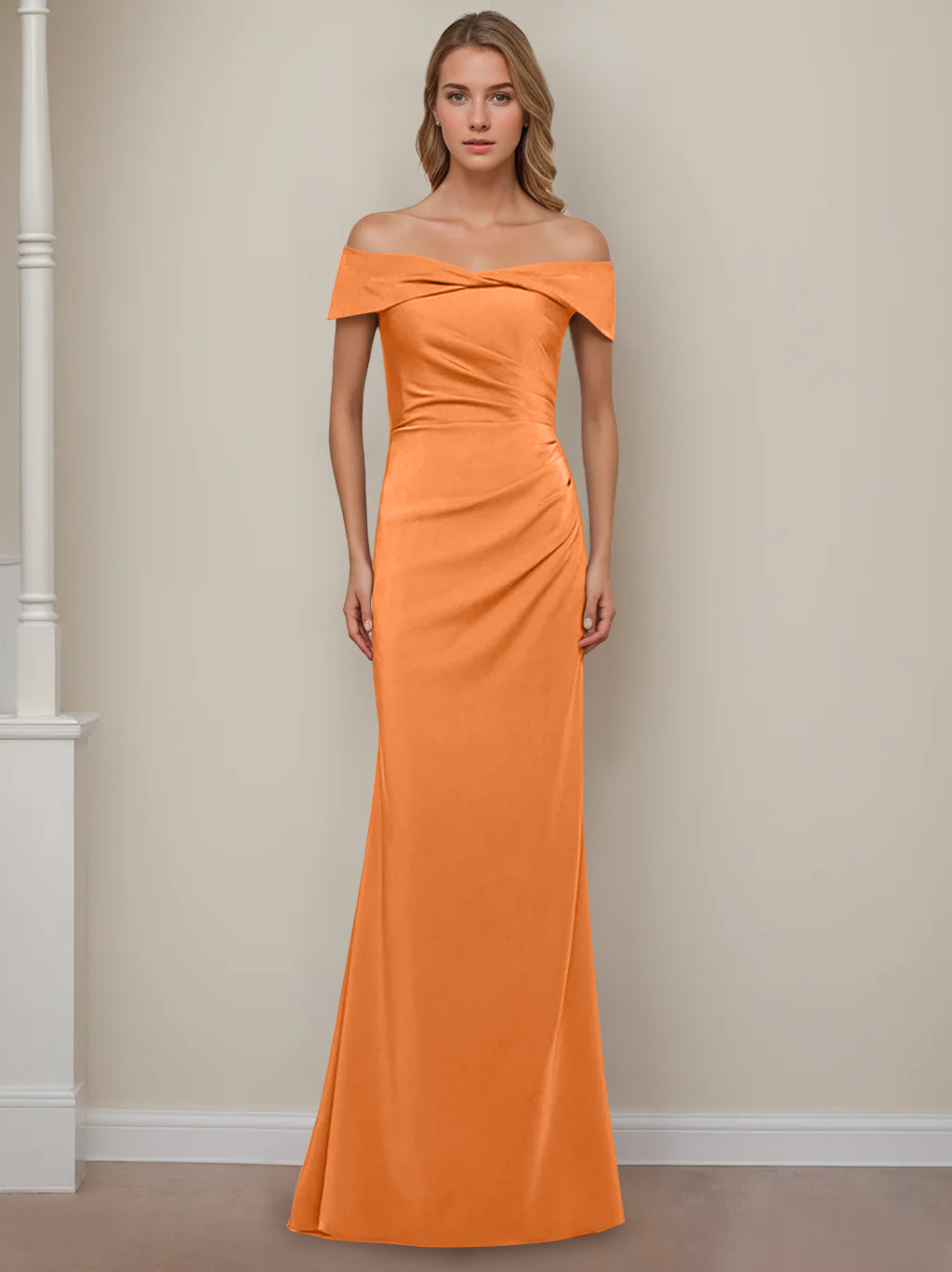 Off-the-Shoulder Short Sleeve Floor-Length Mother of the Bride Dress with Ruffles in Sheath/Column Style