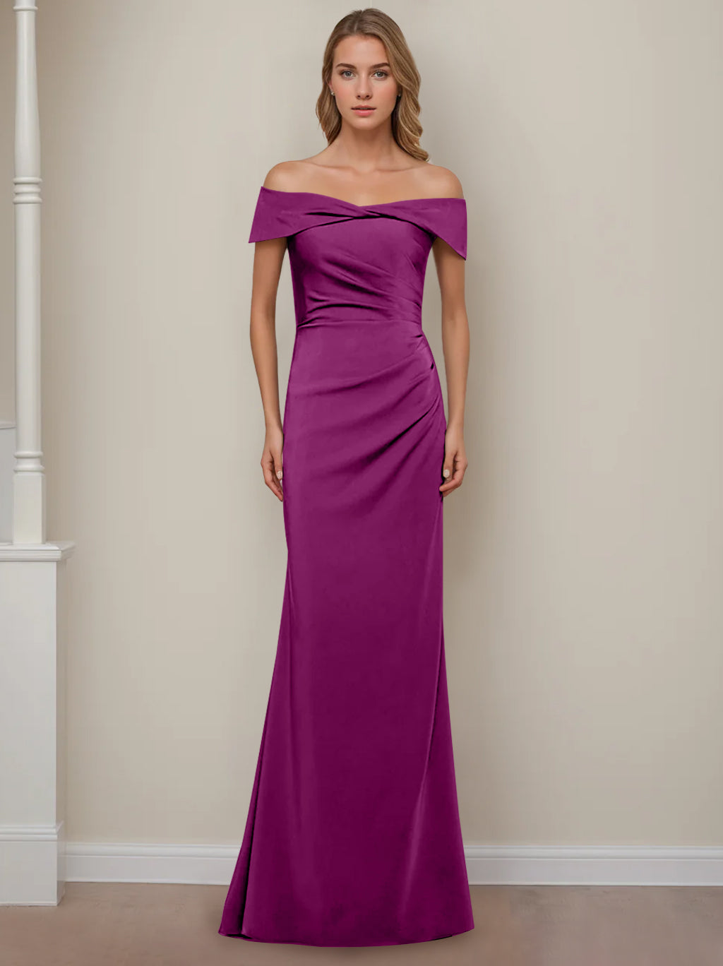 Off-the-Shoulder Short Sleeve Floor-Length Mother of the Bride Dress with Ruffles in Sheath/Column Style