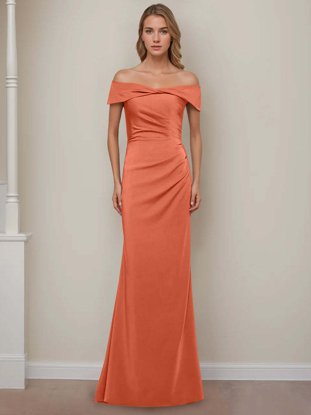 Off-the-Shoulder Short Sleeve Floor-Length Mother of the Bride Dress with Ruffles in Sheath/Column Style
