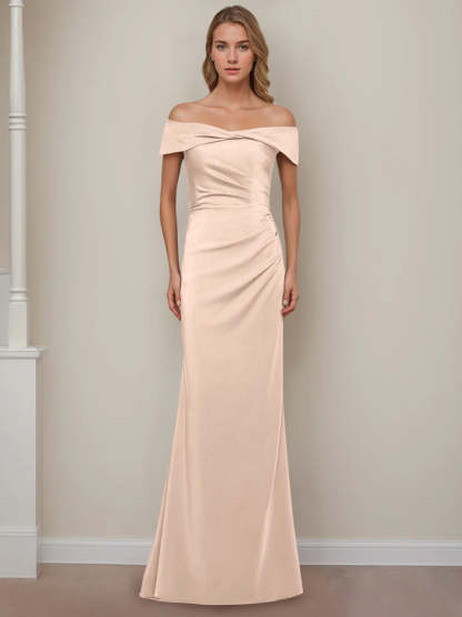 Off-the-Shoulder Short Sleeve Floor-Length Mother of the Bride Dress with Ruffles in Sheath/Column Style