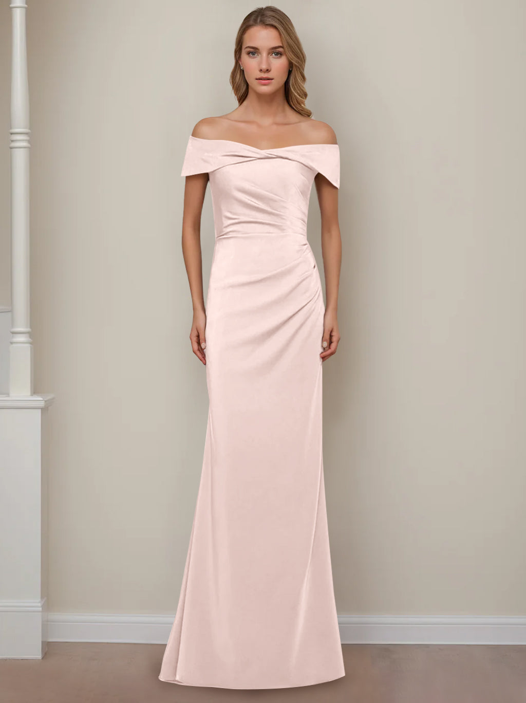 Off-the-Shoulder Short Sleeve Floor-Length Mother of the Bride Dress with Ruffles in Sheath/Column Style
