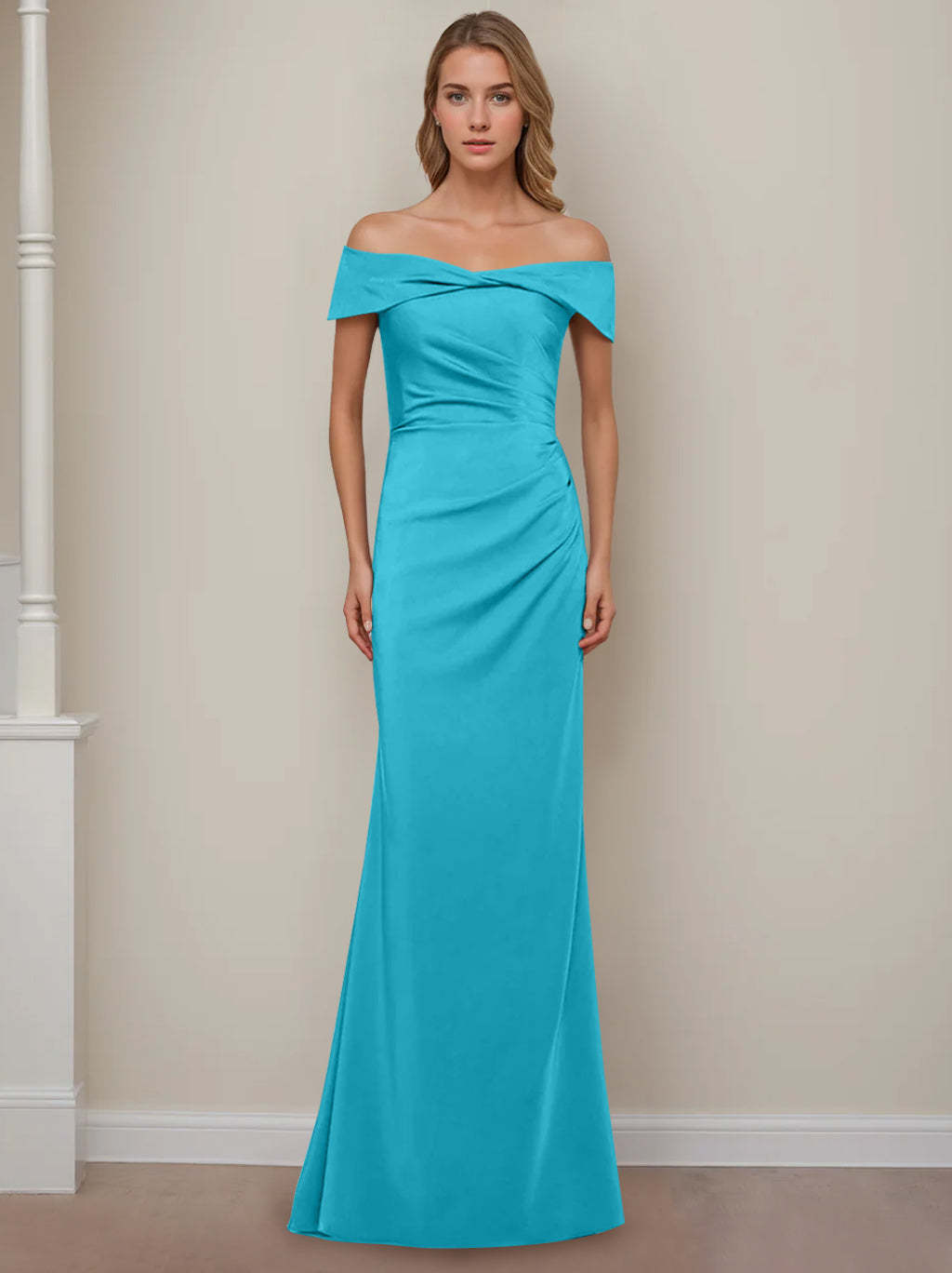 Off-the-Shoulder Short Sleeve Floor-Length Mother of the Bride Dress with Ruffles in Sheath/Column Style