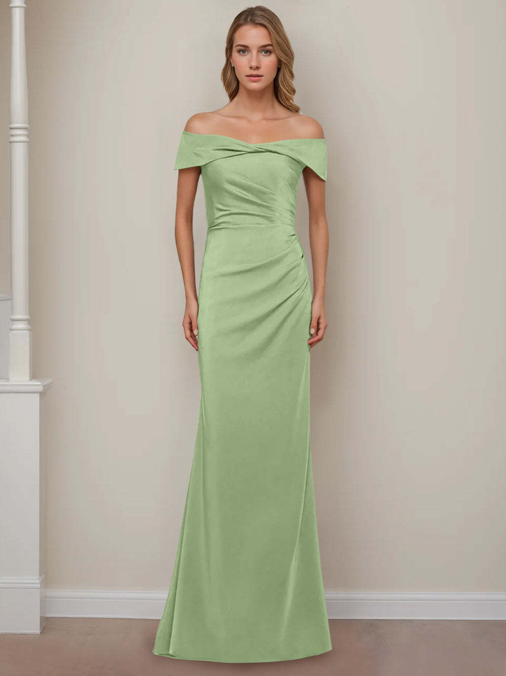 Off-the-Shoulder Short Sleeve Floor-Length Mother of the Bride Dress with Ruffles in Sheath/Column Style
