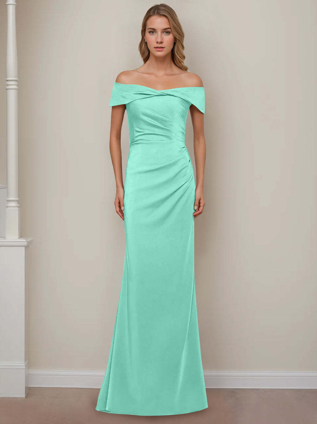 Off-the-Shoulder Short Sleeve Floor-Length Mother of the Bride Dress with Ruffles in Sheath/Column Style