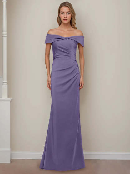 Off-the-Shoulder Short Sleeve Floor-Length Mother of the Bride Dress with Ruffles in Sheath/Column Style