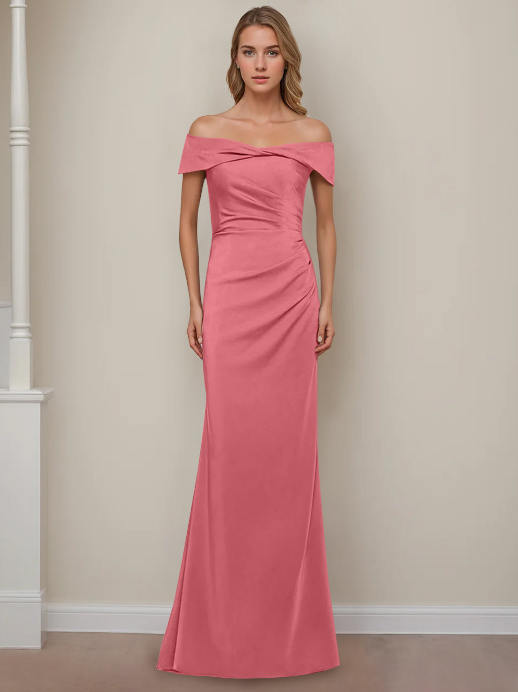 Off-the-Shoulder Short Sleeve Floor-Length Mother of the Bride Dress with Ruffles in Sheath/Column Style