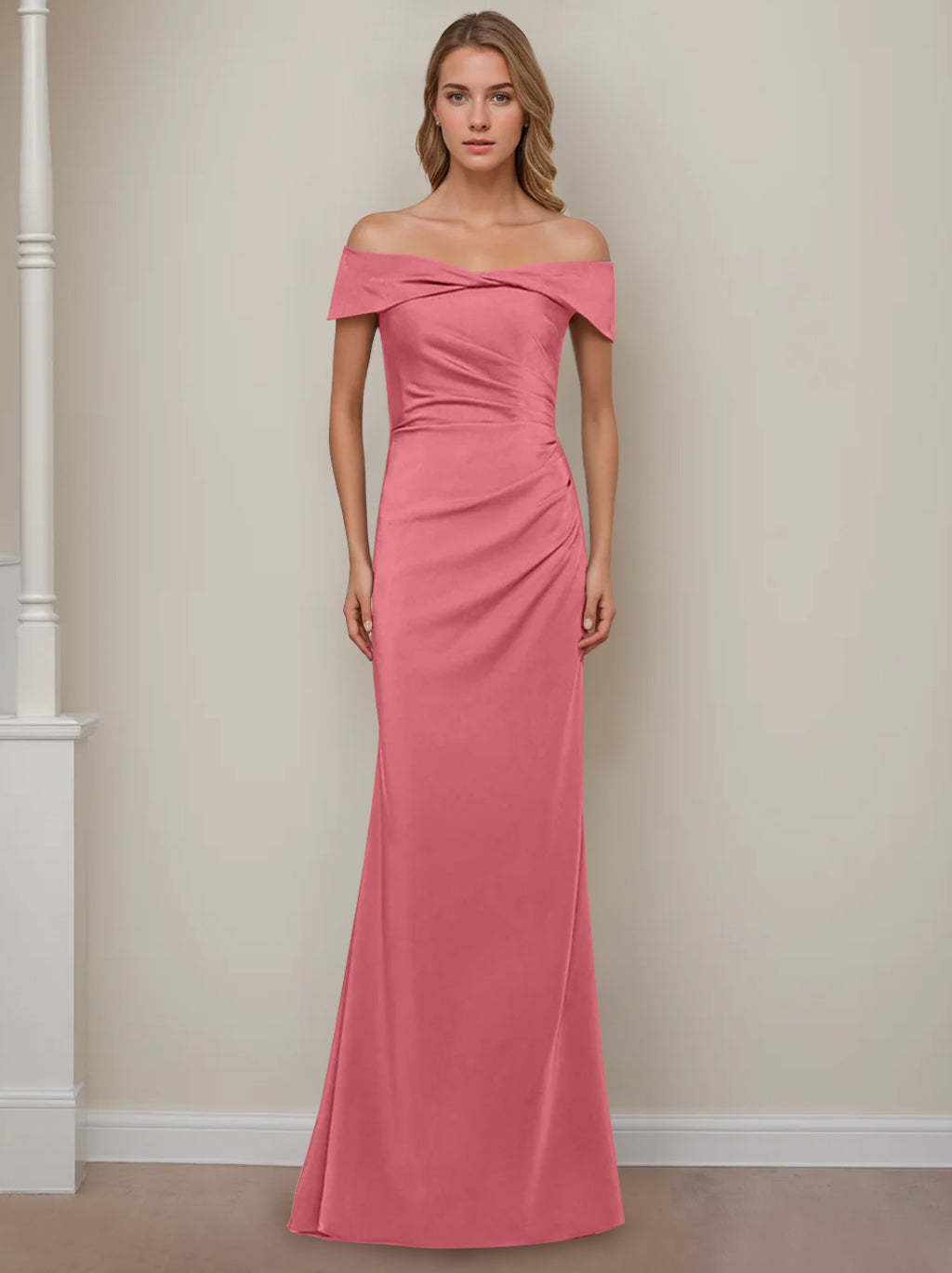 Off-the-Shoulder Short Sleeve Floor-Length Mother of the Bride Dress with Ruffles in Sheath/Column Style