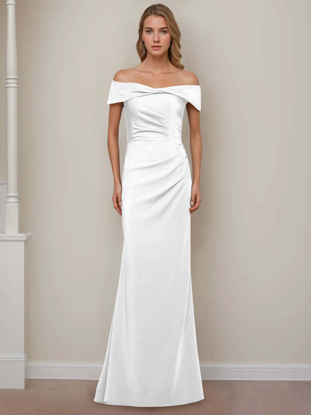 Off-the-Shoulder Short Sleeve Floor-Length Mother of the Bride Dress with Ruffles in Sheath/Column Style
