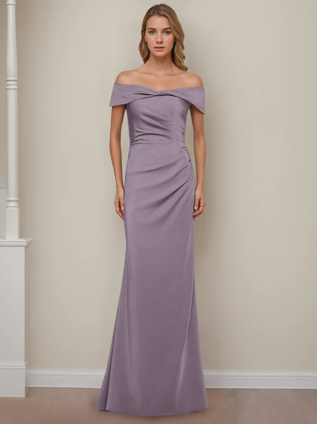 Off-the-Shoulder Short Sleeve Floor-Length Mother of the Bride Dress with Ruffles in Sheath/Column Style