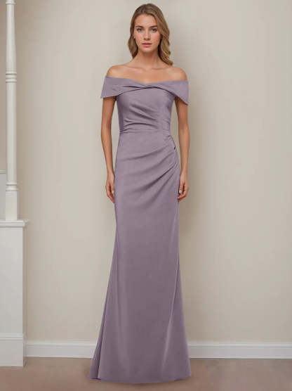 Off-the-Shoulder Short Sleeve Floor-Length Mother of the Bride Dress with Ruffles in Sheath/Column Style