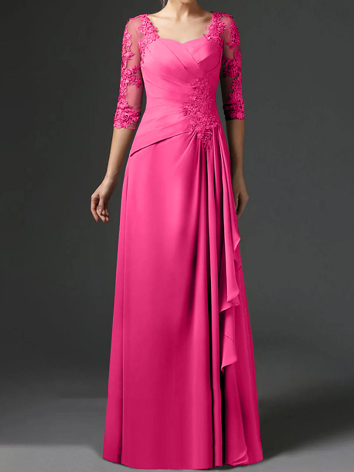 Floor-Length A-Line Princess Gown with Square Neck and Half Sleeves