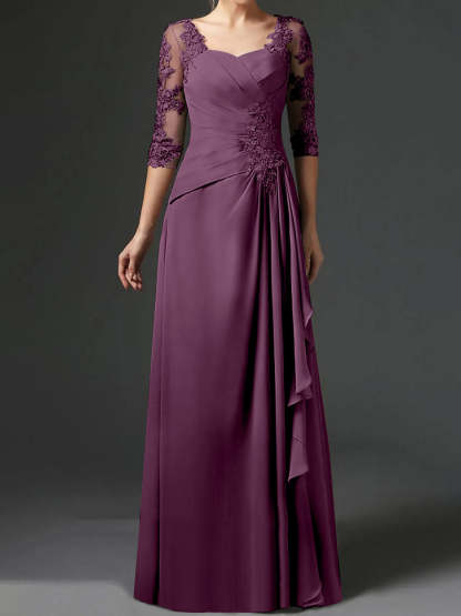 Floor-Length A-Line Princess Gown with Square Neck and Half Sleeves