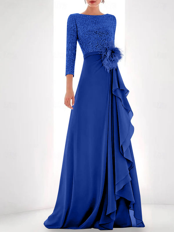 Asymmetrical A-Line Princess Jewel Neck Gown with Long Sleeves Sequin Feather and Pearl Details