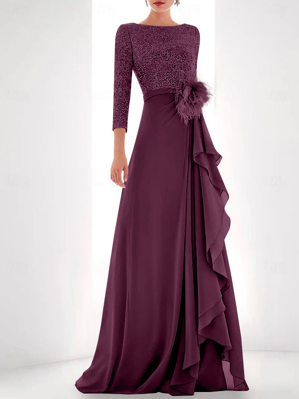 Asymmetrical A-Line Princess Jewel Neck Gown with Long Sleeves Sequin Feather and Pearl Details