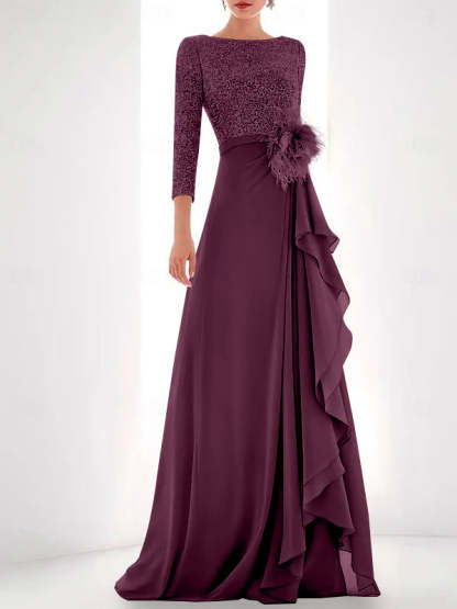 Asymmetrical A-Line Princess Jewel Neck Gown with Long Sleeves Sequin Feather and Pearl Details