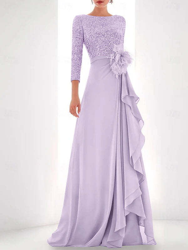 Asymmetrical A-Line Princess Jewel Neck Gown with Long Sleeves Sequin Feather and Pearl Details