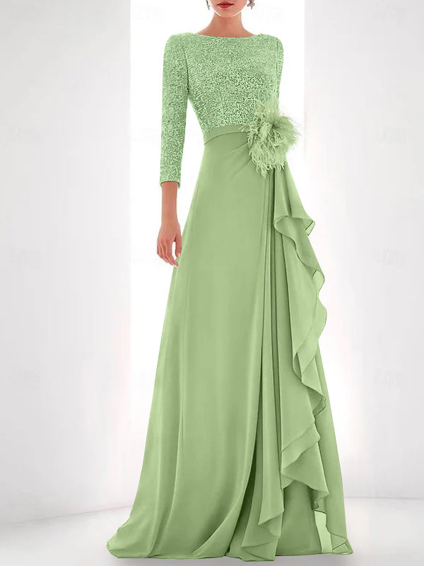 Asymmetrical A-Line Princess Jewel Neck Gown with Long Sleeves Sequin Feather and Pearl Details